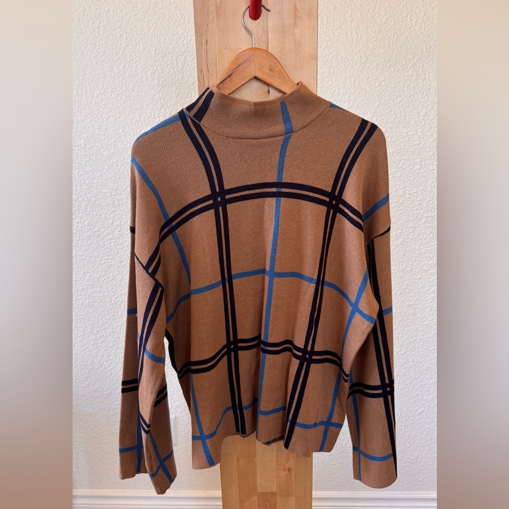 Eloquii Plaid Turtleneck Sweater - Tan and Blue